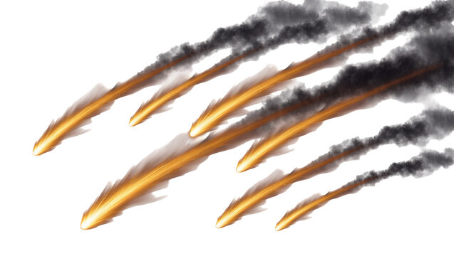 Fiery meteor streaks with dark smoke trails, isolated on transparent background