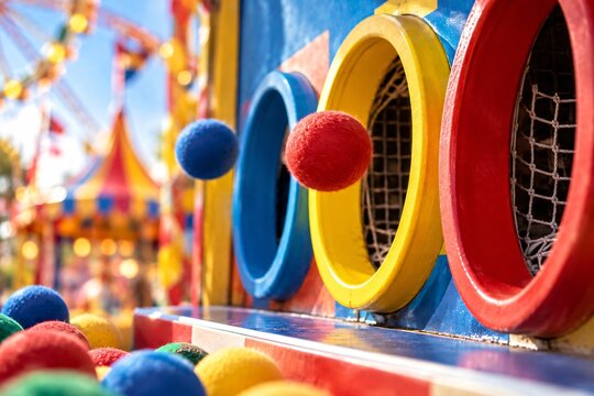 Colorful ball toss carnival game with circular targets at a fairground booth. Amusement park midway attraction. Festival entertainment and family fun. Skill game challenge.