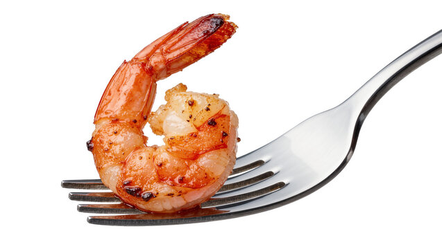 Cooked pink shrimp impaled on a silver fork, isolated on transparent background