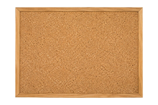 Empty rectangular cork bulletin board with a light brown wooden frame, isolated on a clean white background, offering ample space for notes