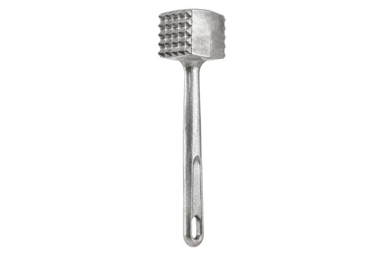 Sturdy metal meat tenderizer with a textured square head and long handle, isolated on a clean white background