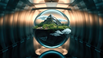 Fototapeta premium Sphere contains mountain landscape. Futuristic tunnel surrounds glass orb, creating reflection. Dramatic lighting emphasizes depth, contrast.