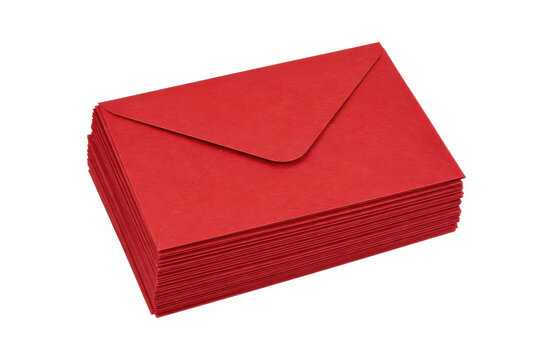 Large stack of vibrant red paper envelopes with a textured surface, neatly arranged on a clean white background