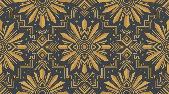 Art Deco seamless pattern with gold geometric sunbursts, elegant black and gold symmetrical ornament, vintage 1920s style luxury wallpaper illustration