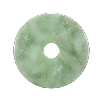Smooth, polished, light green jade bi disc with a central hole, isolated on a clean white background
