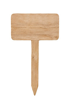 Simple blank wooden garden marker with a pointed stake, isolated on a clean white background, ready for custom text