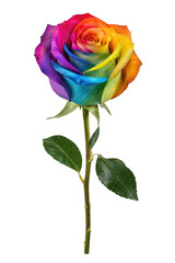 Obraz premium Vibrant rainbow rose with colorful petals and green stem, beautifully displayed against a clean white background, showcasing its unique and cheerful appearance