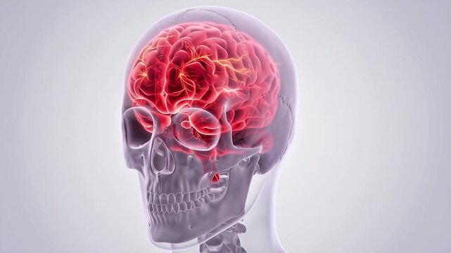 3D medical animation of a human skull showing neural activity and electrical impulses firing in the brain