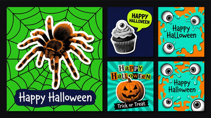 Fototapeta premium Neon green and black pop art Halloween vector banner featuring creepy spider web and monsters on a dark matte background.