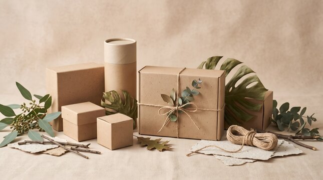 Eco friendly brown cardboard gift boxes and packaging cylinders with natural foliage