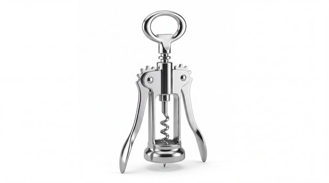 Shiny metal corkscrew wine opener tool isolated on white background