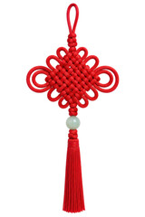 Vibrant red traditional Chinese knot with an intricate woven pattern and a jade bead, featuring a long tassel, isolated on a clean white background © no one