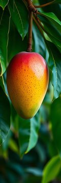 A juicy ripe mango hangs from a lush green plant, stem, || vintage
