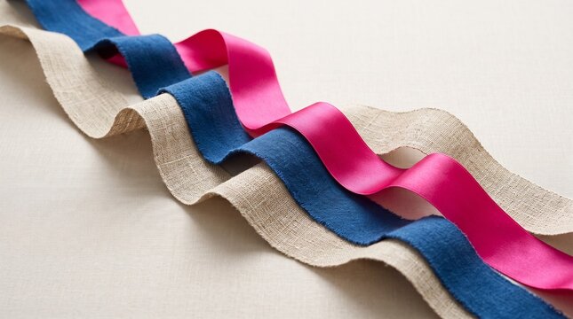 Colorful Fabric Ribbons in Pink Blue and Beige on Light Background for Craft and Decoration