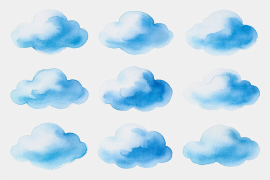A collection of nine hand-painted watercolor cloud illustrations, isolated on a plain white background, suitable for various design uses.