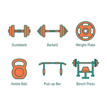 Gym equipment icons including dumbbell and barbell