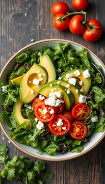 Crunchy mixed greens topped with sliced avocado, juicy tomatoes, and a sprinkle of crumbled feta cheese, all arranged in a beautiful salad bowl, vibrant colors, salad bowl