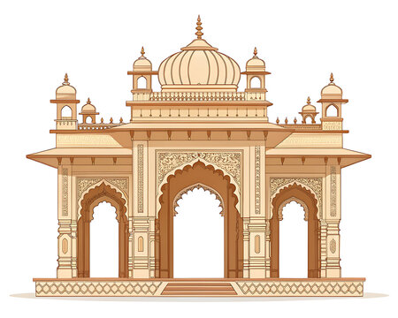 Traditional Indian temple entrance with layered carved archways and ornamental pillars, minimal vector style