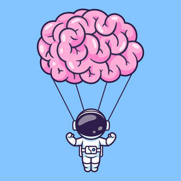 Astronaut skydiving with a pink brain shaped parachute with creative