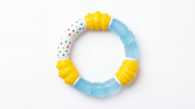 Colorful plastic baby teether ring toy with textured segments isolated on white background