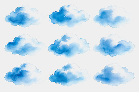 A set of nine watercolor-style cloud illustrations arranged in a neat 3-by-3 grid on a plain white background.