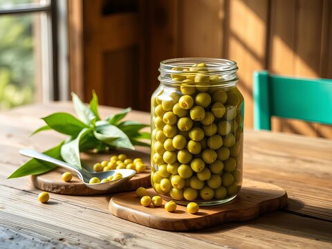 Rustic wooden table with glass jar of canned organic peas, spoon, and natural light, wooden table, rustic kitchen
