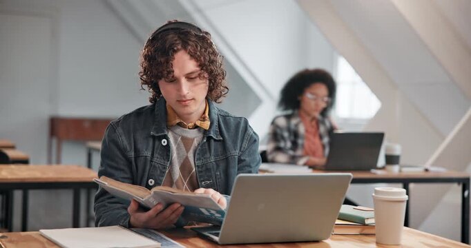 Man, student and laptop in university with textbook, literary info or headphones for online studying. Academic, tech and book in community college for reading tutorial, review reference and education