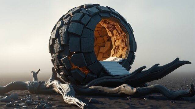 Futuristic structure resembling shell rests upon terrain. Interior reveals stairs, warm light emanating from within. Minimalist design, surreal landscape.