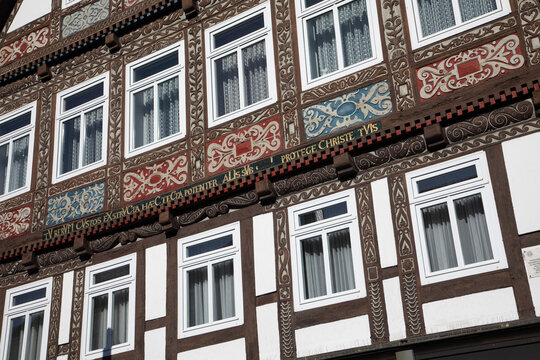 detailled view to decoration of half timbered houses in Detmold, Germany