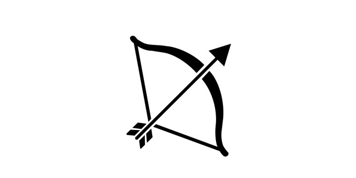 Black bow and arrow weapon silhouette on transparent background, graphic resource for archery sport.