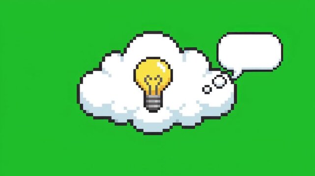 Pixel idea lightbulb cloud thought bubble motion graphics overlay element on green screen background