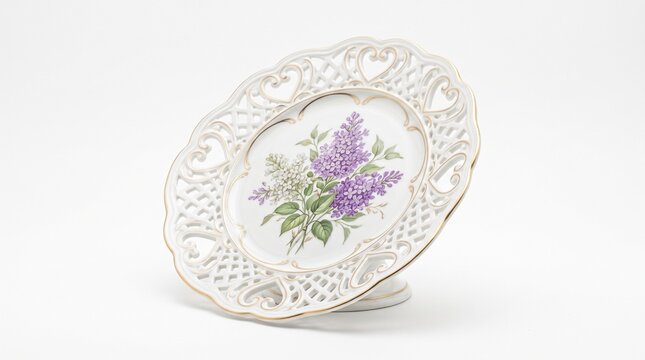 Vintage porcelain decorative plate, antique ceramic dish with purple lilac floral painting, elegant reticulated latticework rim decor isolated PNG with Transparent Background