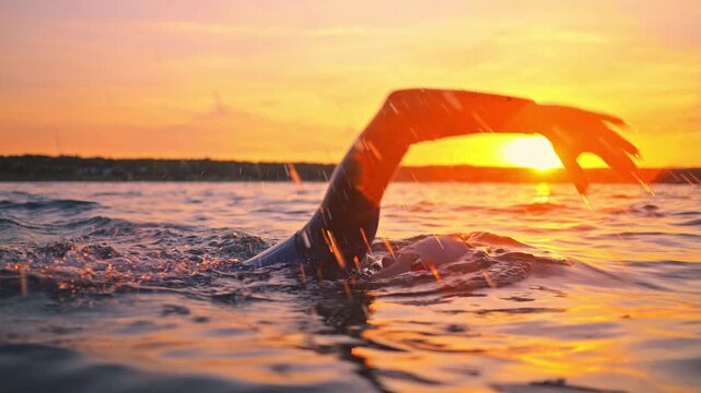 A swimmer in a sleek black wetsuit is captured in a dynamic mid-stroke pose against a stunning sunset, highlighting her powerful arm movement and focused determination.