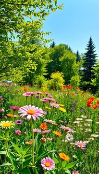 Summer landscape with bright flowers and green trees, cloudless sky, relaxation