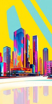 Vibrant cityscape with tall buildings on bright yellow background, abstract shapes and lines, design, illustration
