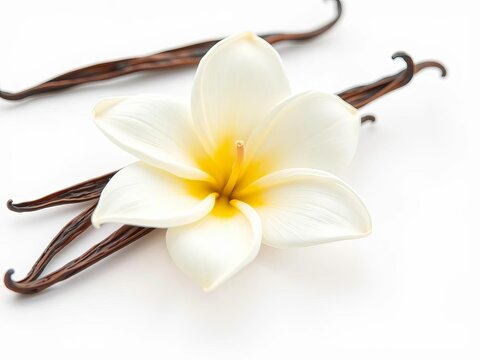 Vanilla flower with dried vanilla sticks on white background, modern illustration style, organic, stick