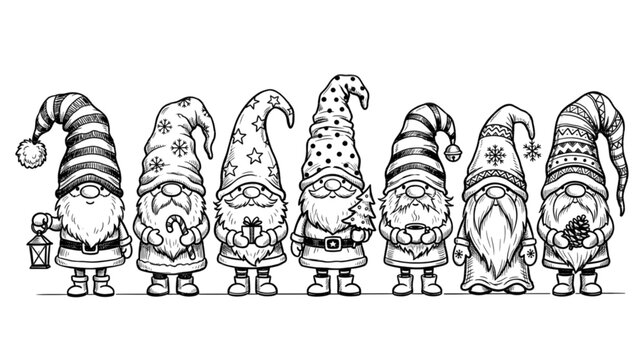 Hand Drawn Christmas Gnomes Line Art Ink Sketch Illustration Set