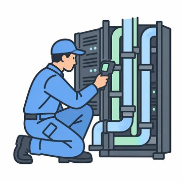 Technician inspecting server cooling pipes with a handheld thermal sensor