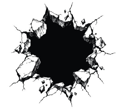 Dark shattered hole with heavy stone debris for wall break animation.