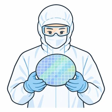 Cleanroom technician carefully holding a silicon wafer during semiconductor production