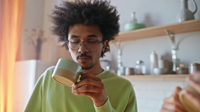 Multiethnic friends drinking coffee kitchen. Young man woman holding hot drinks.