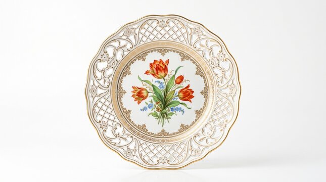 Vintage porcelain decorative plate, ornate floral ceramic dish, delicate reticulated rim serving platter for home decor isolated PNG with Transparent Background