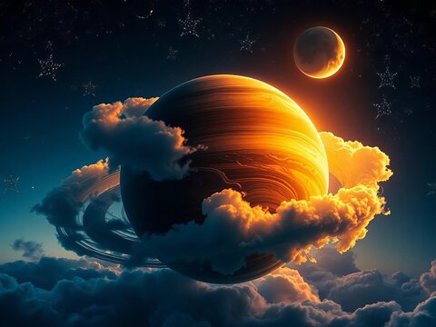Whimsical planet with swirling clouds and twinkling stars at dusk, surrounded by a crescent moon, clouds, ||planets