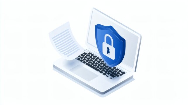Laptop with a text document on screen and a blue shield with a white padlock and a circle of yellow stars in front, isolated on white. European data protection, GDPR and cybersecurity concept.