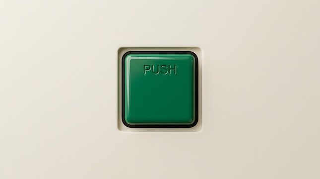 Green push button on beige panel with embossed PUSH text