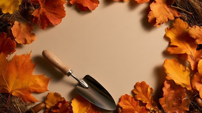 Gardening trowel with wooden handle surrounded by autumn leaves on a beige background