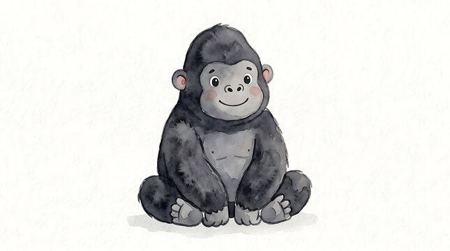 Cute cartoon baby gorilla sitting and smiling happily