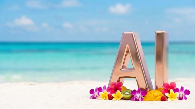 AI letters on a tropical beach with vibrant flowers and tropical fruits turquoise ocean and blue sky in the background