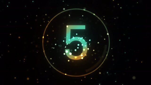 Glowing digit five neon circle digital particle motion graphic ideal for technology presentations and digitalthemed projects. Dynamic and eyecatching design element.