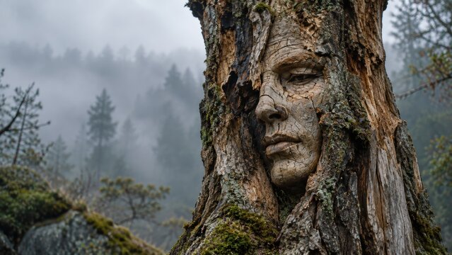 Surreal human face carved into the bark of an old tree in a misty mystical forest